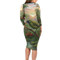 Bellbird New Zealand Personalised Family Matching Long Sleeve Bodycon Dress and Hawaiian Shirt Korimako Harakeke Flower Native Forest
