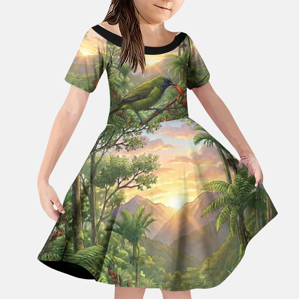 Bellbird New Zealand Personalised Family Matching Mermaid Dress and Hawaiian Shirt Korimako Harakeke Flower Native Forest