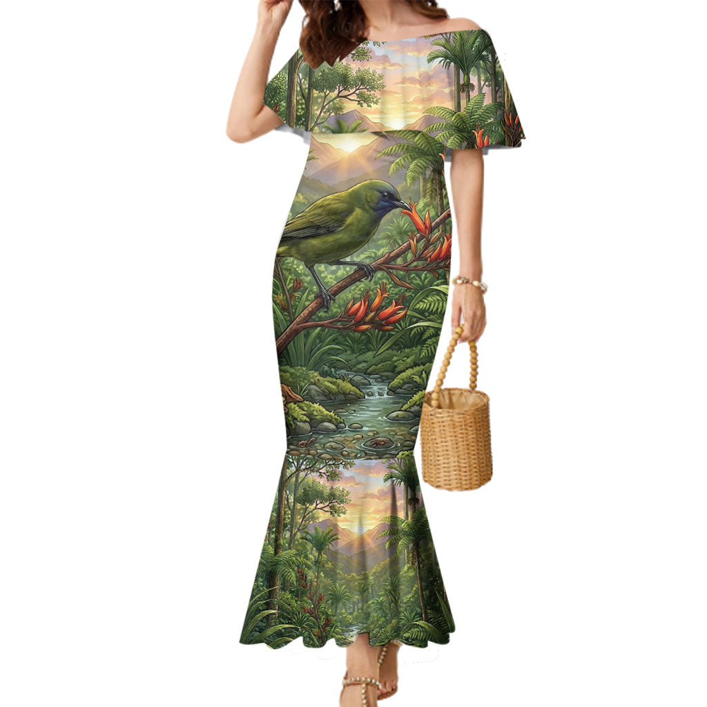 Bellbird New Zealand Personalised Family Matching Mermaid Dress and Hawaiian Shirt Korimako Harakeke Flower Native Forest