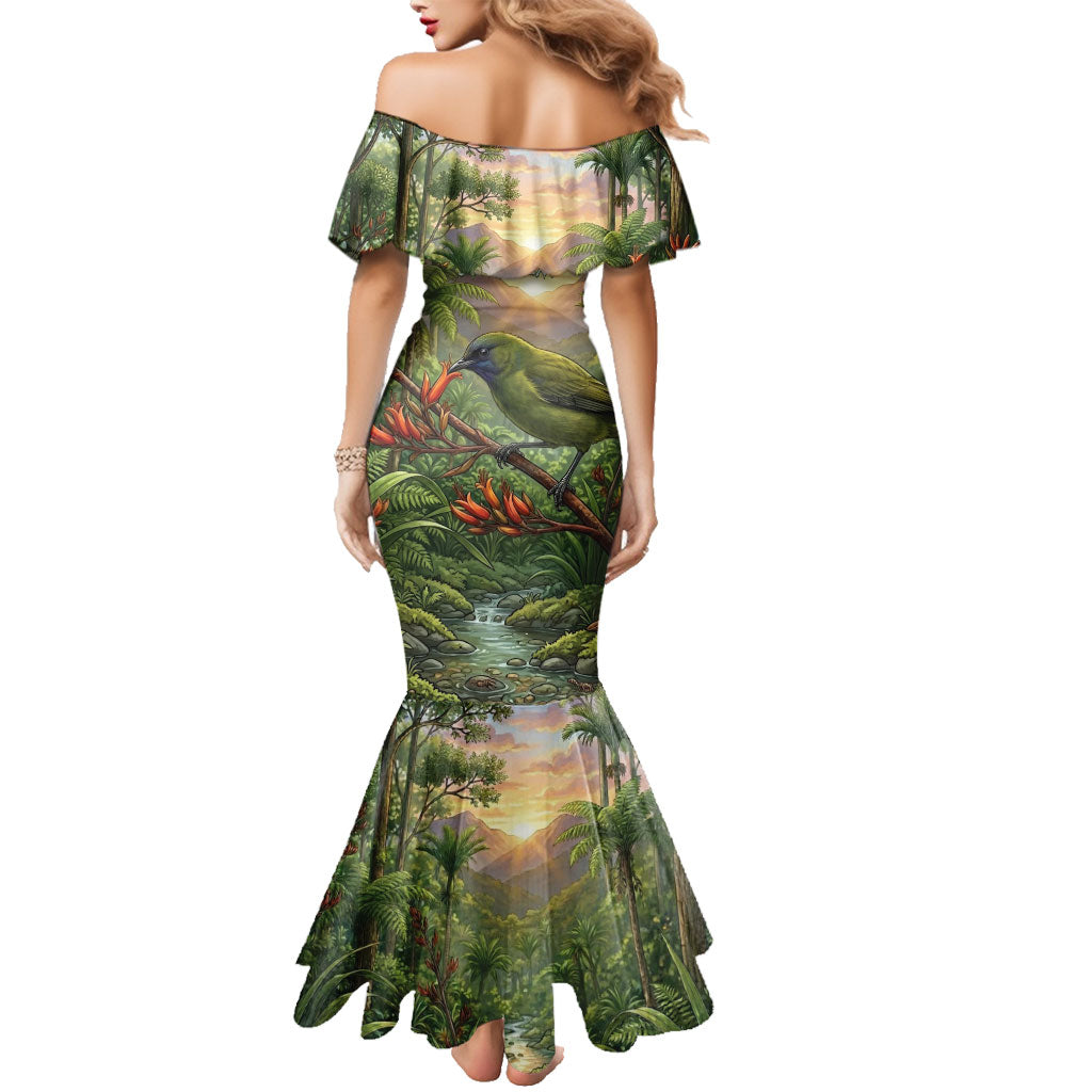 Bellbird New Zealand Personalised Family Matching Mermaid Dress and Hawaiian Shirt Korimako Harakeke Flower Native Forest