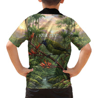 Bellbird New Zealand Personalised Family Matching Off Shoulder Maxi Dress and Hawaiian Shirt Korimako Harakeke Flower Native Forest