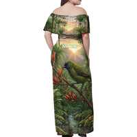 Bellbird New Zealand Personalised Family Matching Off Shoulder Maxi Dress and Hawaiian Shirt Korimako Harakeke Flower Native Forest