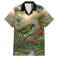 Bellbird New Zealand Personalised Family Matching Off Shoulder Short Dress and Hawaiian Shirt Korimako Harakeke Flower Native Forest