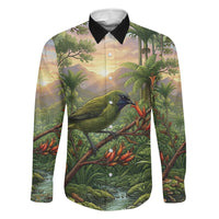 Bellbird New Zealand Personalised Family Matching Off Shoulder Short Dress and Hawaiian Shirt Korimako Harakeke Flower Native Forest