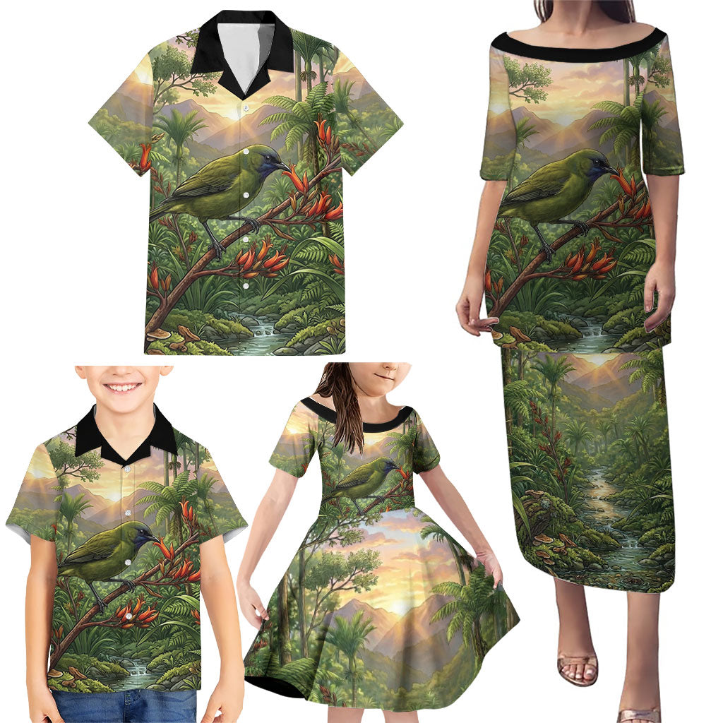 Bellbird New Zealand Personalised Family Matching Puletasi and Hawaiian Shirt Korimako Harakeke Flower Native Forest