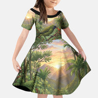 Bellbird New Zealand Personalised Family Matching Short Sleeve Bodycon Dress and Hawaiian Shirt Korimako Harakeke Flower Native Forest