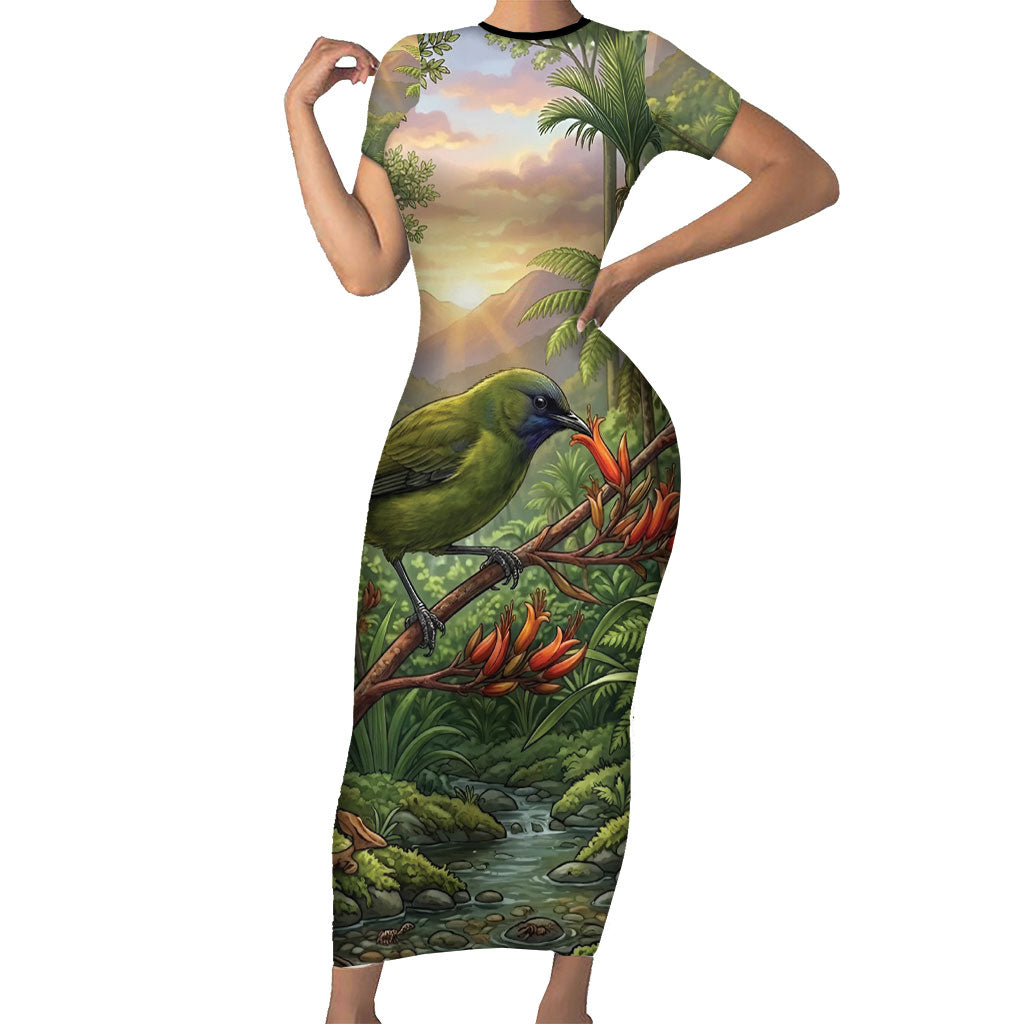 Bellbird New Zealand Personalised Family Matching Short Sleeve Bodycon Dress and Hawaiian Shirt Korimako Harakeke Flower Native Forest