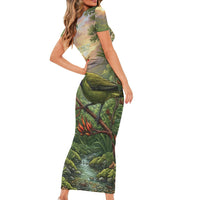 Bellbird New Zealand Personalised Family Matching Short Sleeve Bodycon Dress and Hawaiian Shirt Korimako Harakeke Flower Native Forest