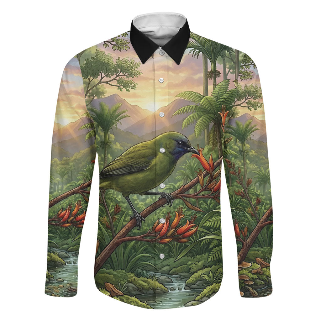 Bellbird New Zealand Personalised Family Matching Summer Maxi Dress and Hawaiian Shirt Korimako Harakeke Flower Native Forest