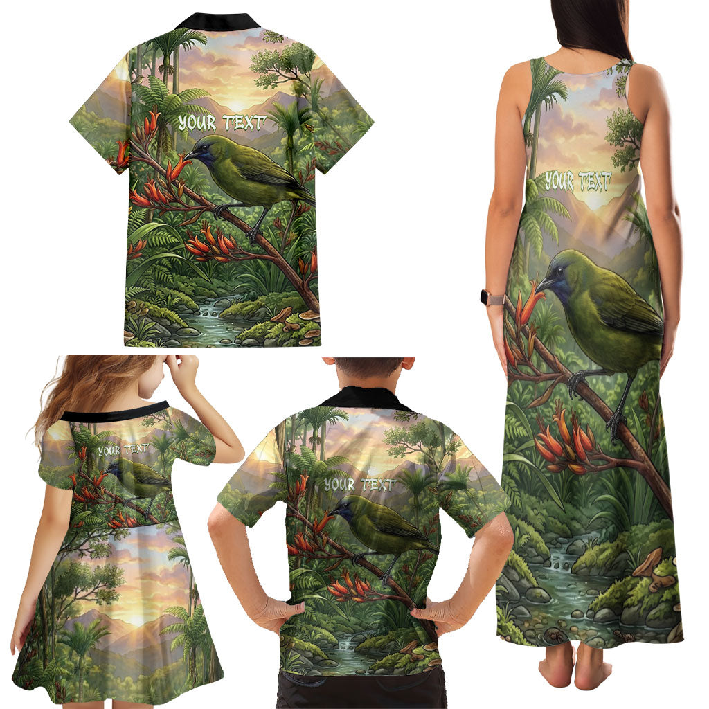 Bellbird New Zealand Personalised Family Matching Tank Maxi Dress and Hawaiian Shirt Korimako Harakeke Flower Native Forest