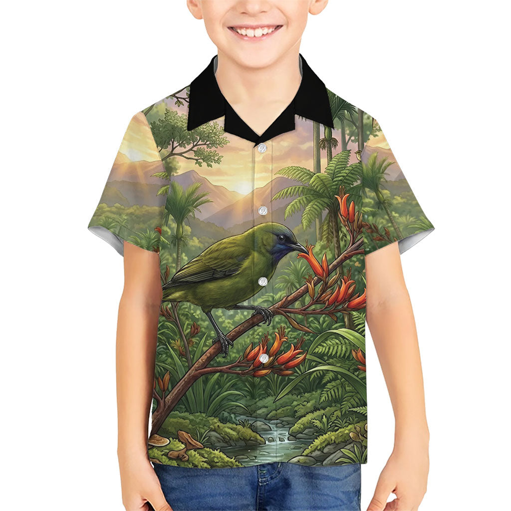 Bellbird New Zealand Personalised Hawaiian Shirt Korimako Harakeke Flower Native Forest LT22 - Polynesian Pride