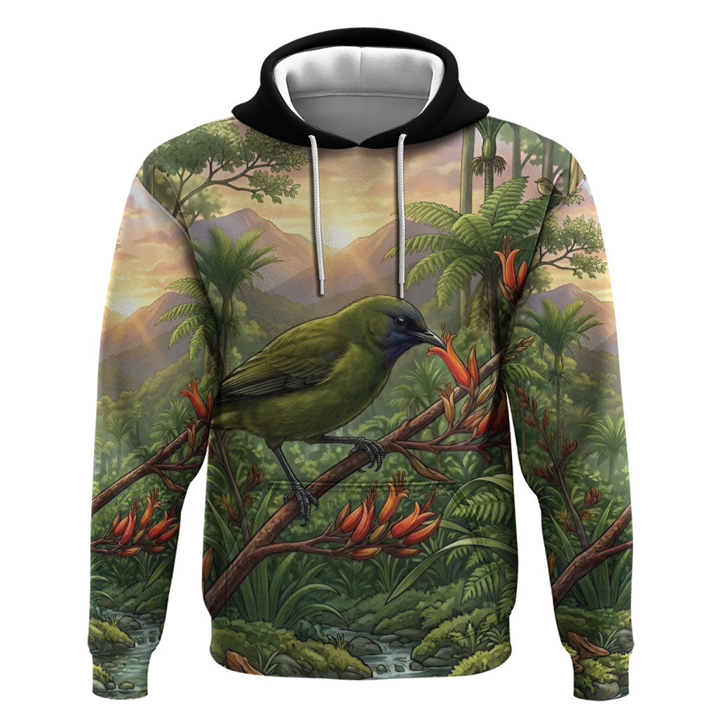 Bellbird New Zealand Personalised Hoodie Korimako Harakeke Flower Native Forest LT22 Pullover Hoodie Green - Polynesian Pride