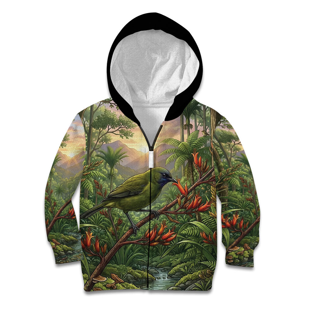 Bellbird New Zealand Personalised Kid Hoodie Korimako Harakeke Flower Native Forest