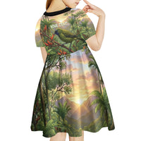 Bellbird New Zealand Personalised Kid Short Sleeve Dress Korimako Harakeke Flower Native Forest LT22 - Polynesian Pride