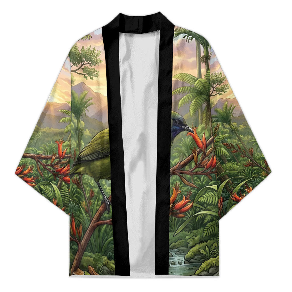 Bellbird New Zealand Personalised Kimono Korimako Harakeke Flower Native Forest LT22 Unisex Green - Polynesian Pride