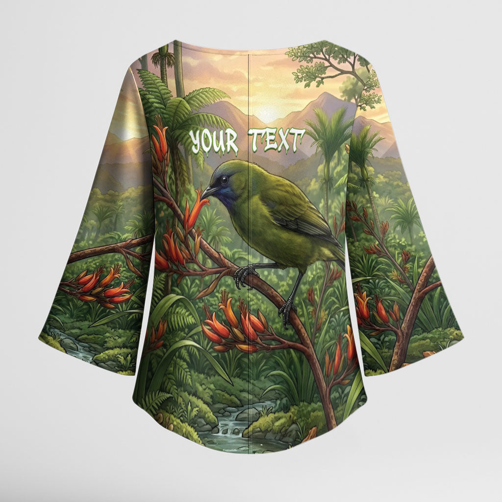 Bellbird New Zealand Personalised Kimono Sleeve Blouse Korimako Harakeke Flower Native Forest LT22 - Polynesian Pride