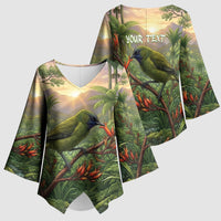 Bellbird New Zealand Personalised Kimono Sleeve Blouse Korimako Harakeke Flower Native Forest LT22 - Polynesian Pride