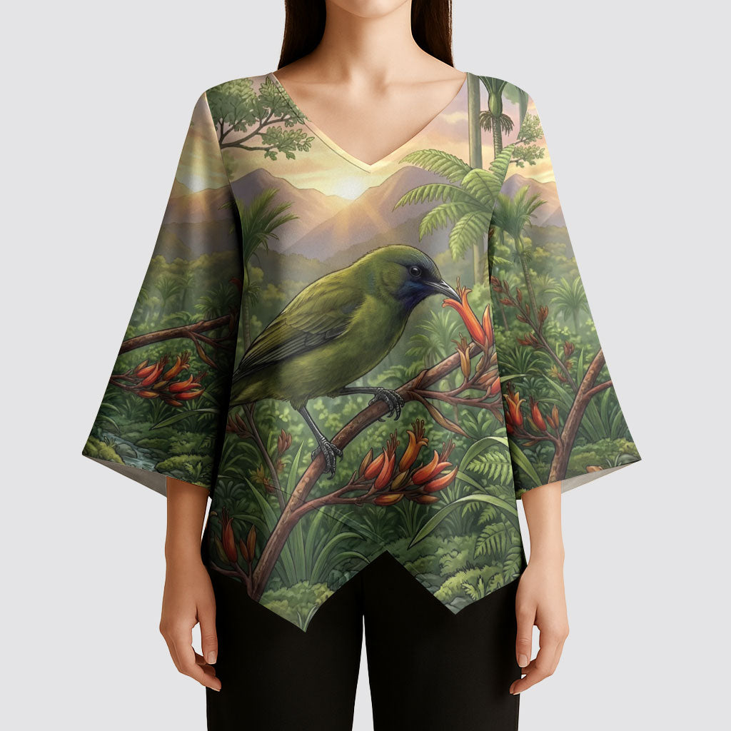 Bellbird New Zealand Personalised Kimono Sleeve Blouse Korimako Harakeke Flower Native Forest LT22 - Polynesian Pride
