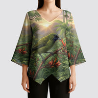 Bellbird New Zealand Personalised Kimono Sleeve Blouse Korimako Harakeke Flower Native Forest LT22 - Polynesian Pride