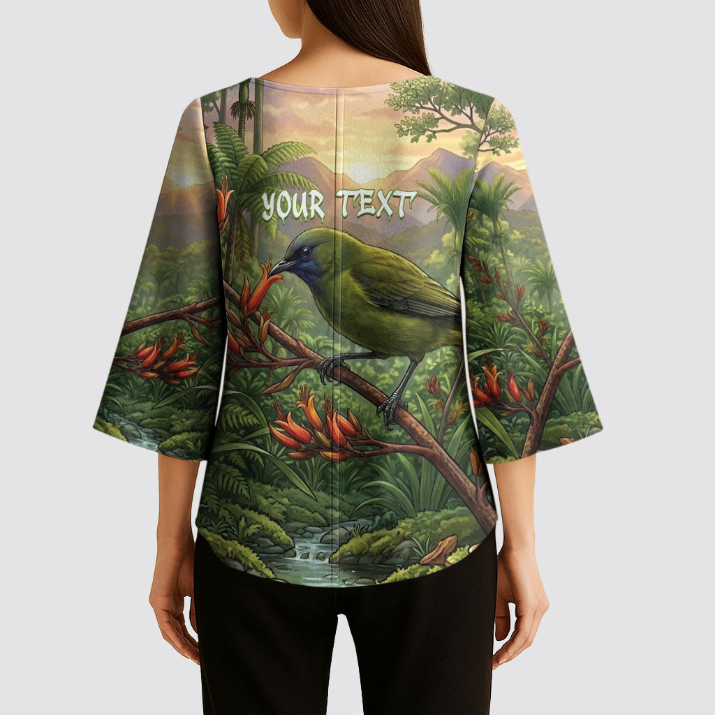 Bellbird New Zealand Personalised Kimono Sleeve Blouse Korimako Harakeke Flower Native Forest LT22 - Polynesian Pride