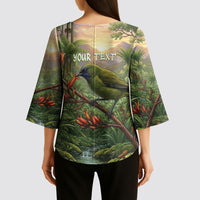 Bellbird New Zealand Personalised Kimono Sleeve Blouse Korimako Harakeke Flower Native Forest LT22 - Polynesian Pride