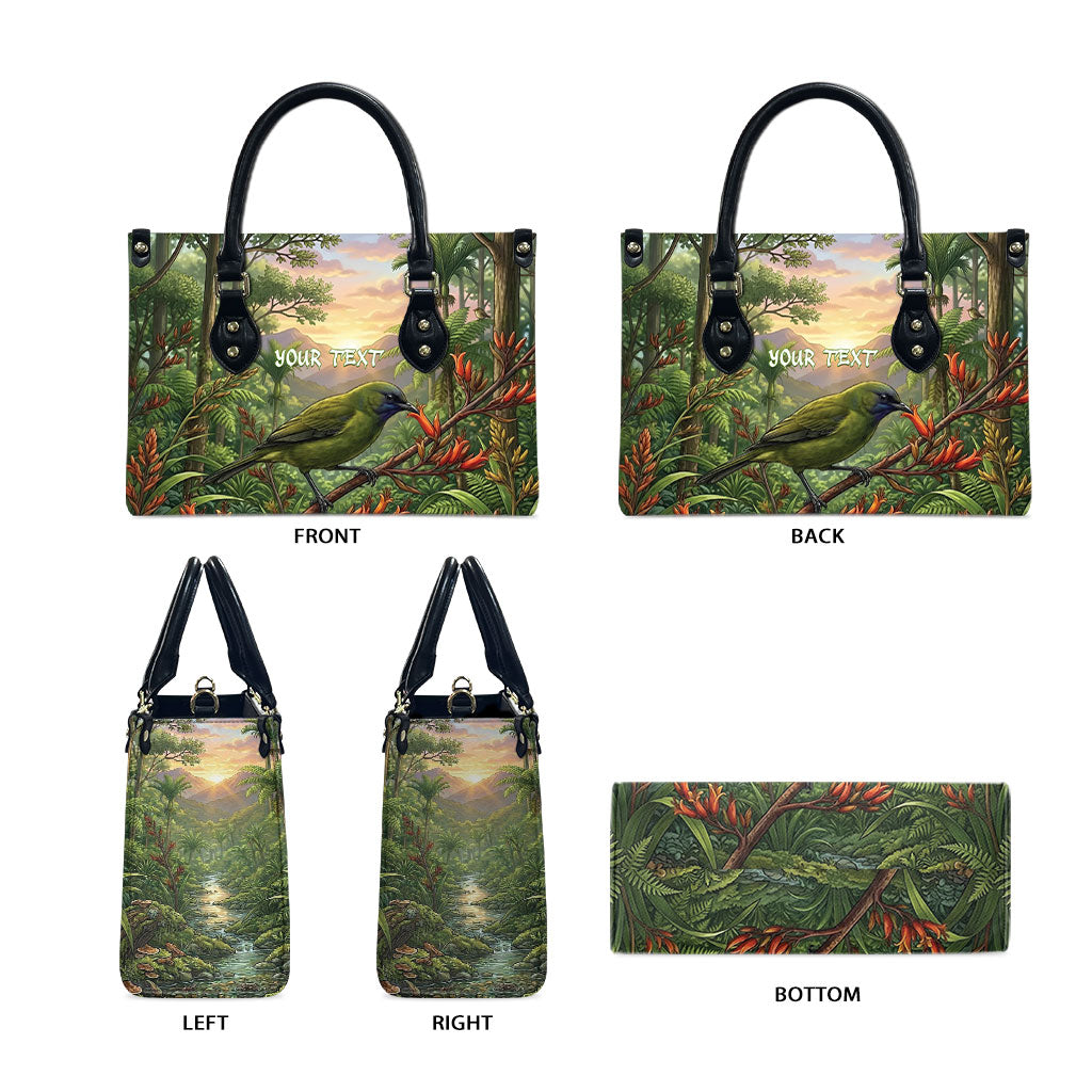 Bellbird New Zealand Personalised Leather Bag Korimako Harakeke Flower Native Forest LT22 - Polynesian Pride