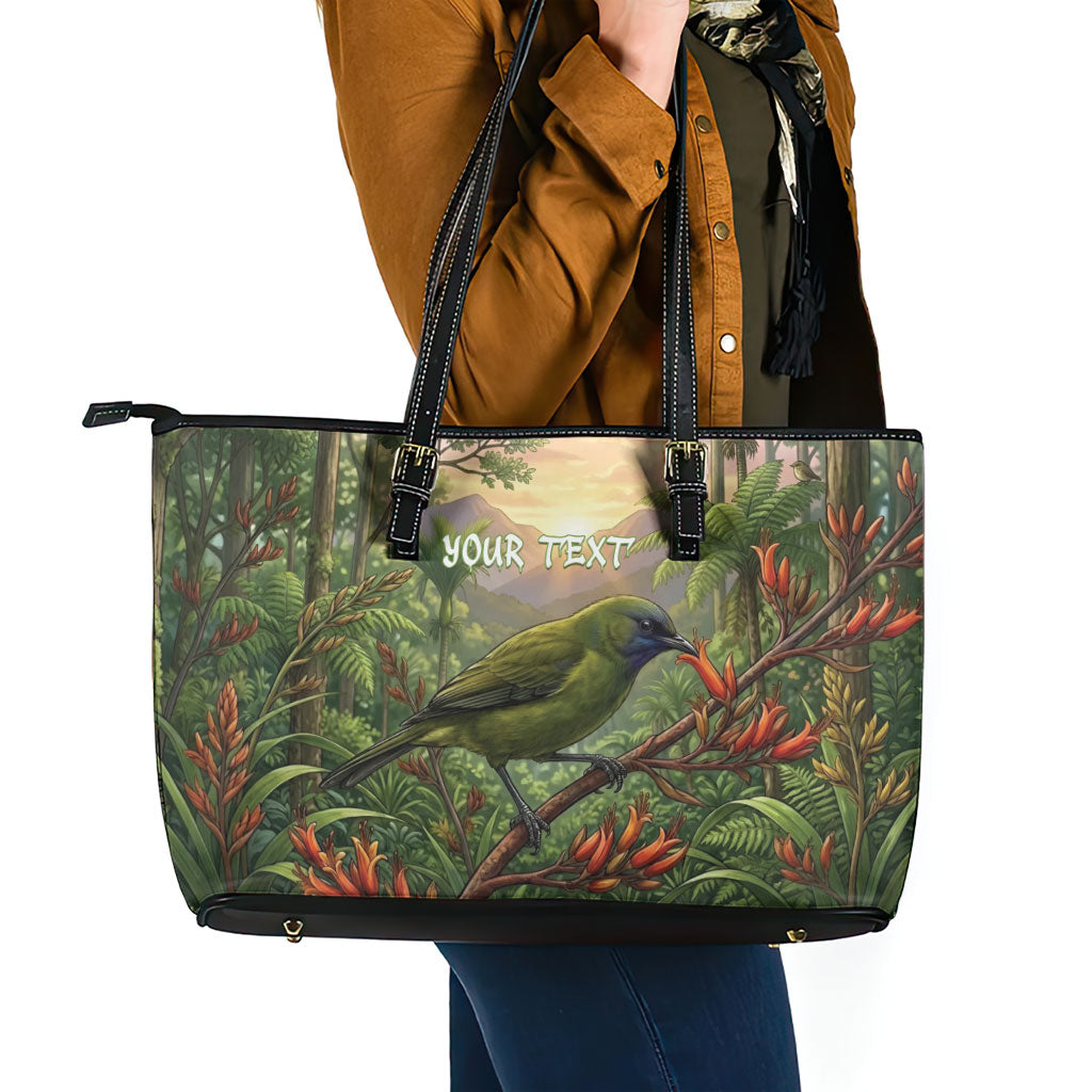 Bellbird New Zealand Personalised Leather Tote Bag Korimako Harakeke Flower Native Forest LT22 - Polynesian Pride