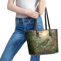 Bellbird New Zealand Personalised Leather Tote Bag Korimako Harakeke Flower Native Forest LT22 - Polynesian Pride