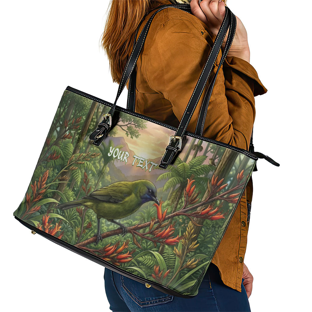 Bellbird New Zealand Personalised Leather Tote Bag Korimako Harakeke Flower Native Forest LT22 - Polynesian Pride