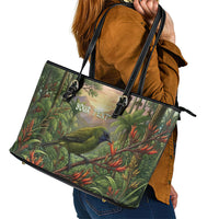 Bellbird New Zealand Personalised Leather Tote Bag Korimako Harakeke Flower Native Forest LT22 - Polynesian Pride