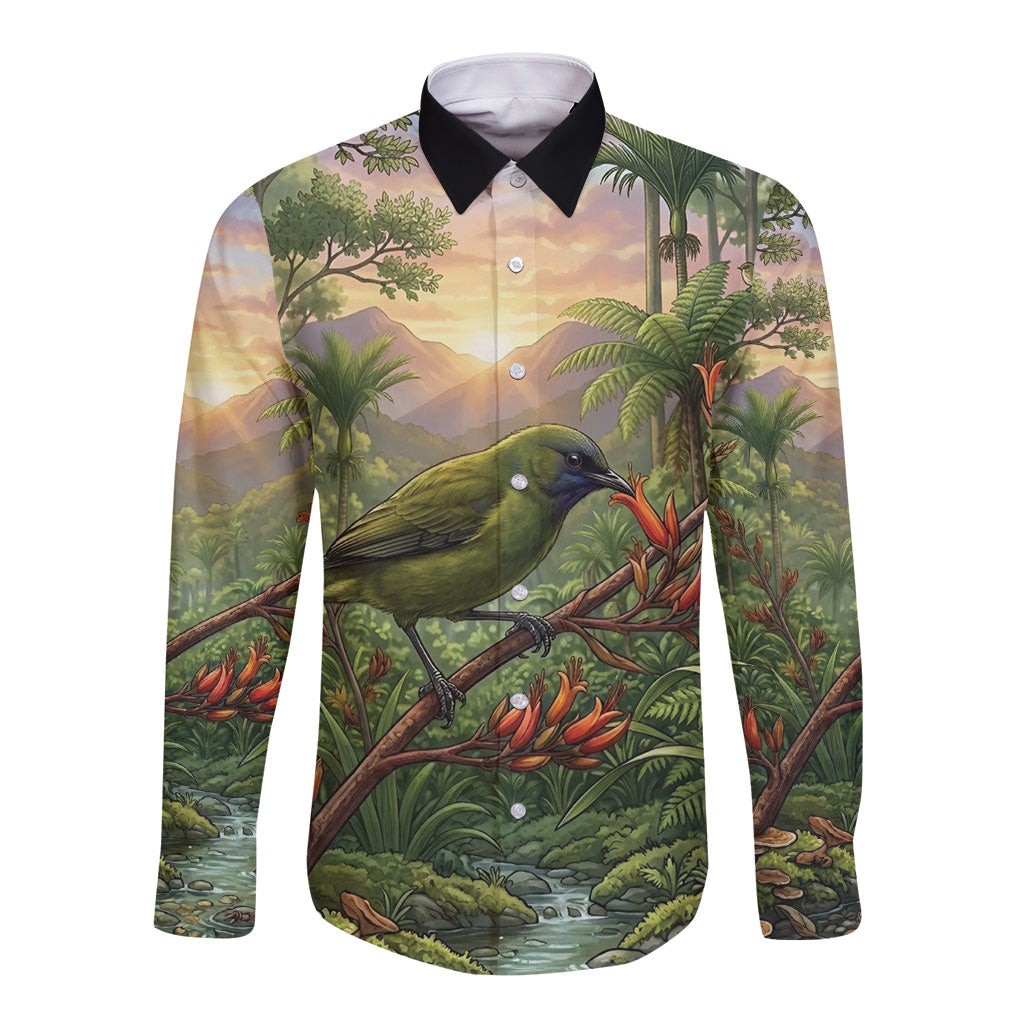 Bellbird New Zealand Personalised Long Sleeve Button Shirt Korimako Harakeke Flower Native Forest LT22 Unisex Green - Polynesian Pride