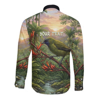 Bellbird New Zealand Personalised Long Sleeve Button Shirt Korimako Harakeke Flower Native Forest LT22 - Polynesian Pride