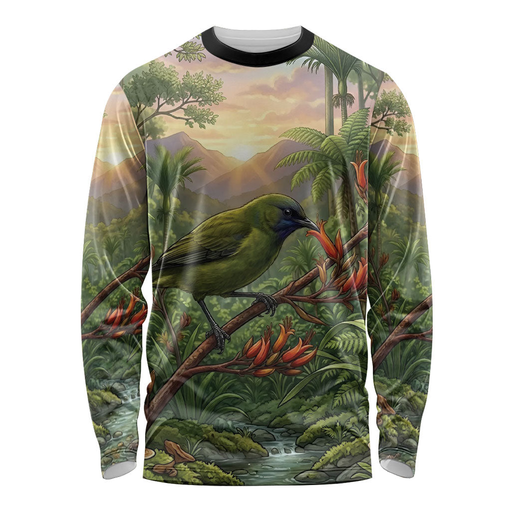 Bellbird New Zealand Personalised Long Sleeve Shirt Korimako Harakeke Flower Native Forest