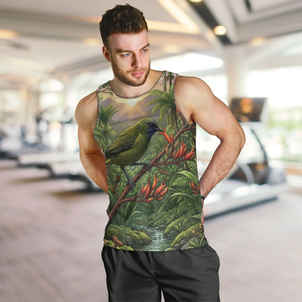 Bellbird New Zealand Personalised Men Tank Top Korimako Harakeke Flower Native Forest LT22 Green - Polynesian Pride
