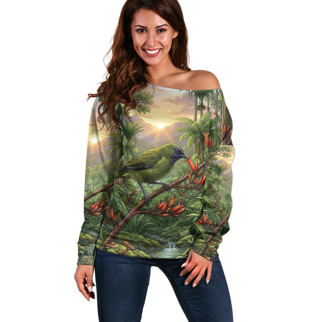 Bellbird New Zealand Personalised Off Shoulder Sweater Korimako Harakeke Flower Native Forest LT22 Women Green - Polynesian Pride