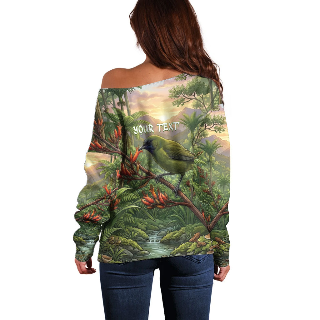 Bellbird New Zealand Personalised Off Shoulder Sweater Korimako Harakeke Flower Native Forest