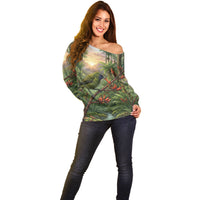 Bellbird New Zealand Personalised Off Shoulder Sweater Korimako Harakeke Flower Native Forest
