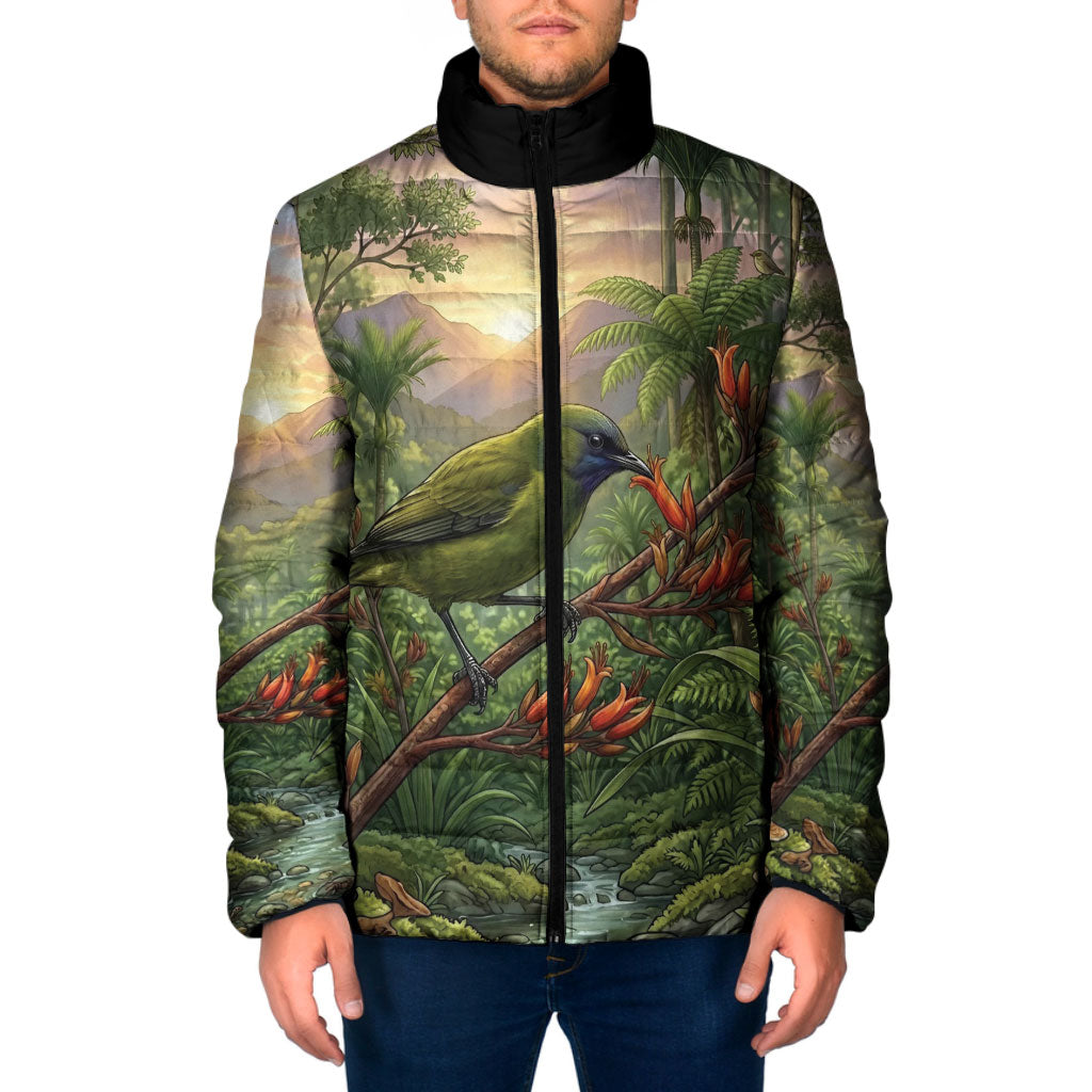 Bellbird New Zealand Personalised Padded Jacket Korimako Harakeke Flower Native Forest LT22 Men Green - Polynesian Pride