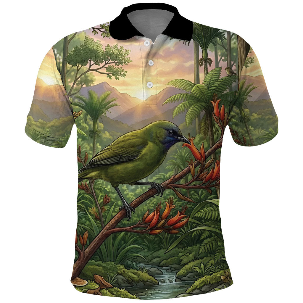 Bellbird New Zealand Personalised Polo Shirt Korimako Harakeke Flower Native Forest