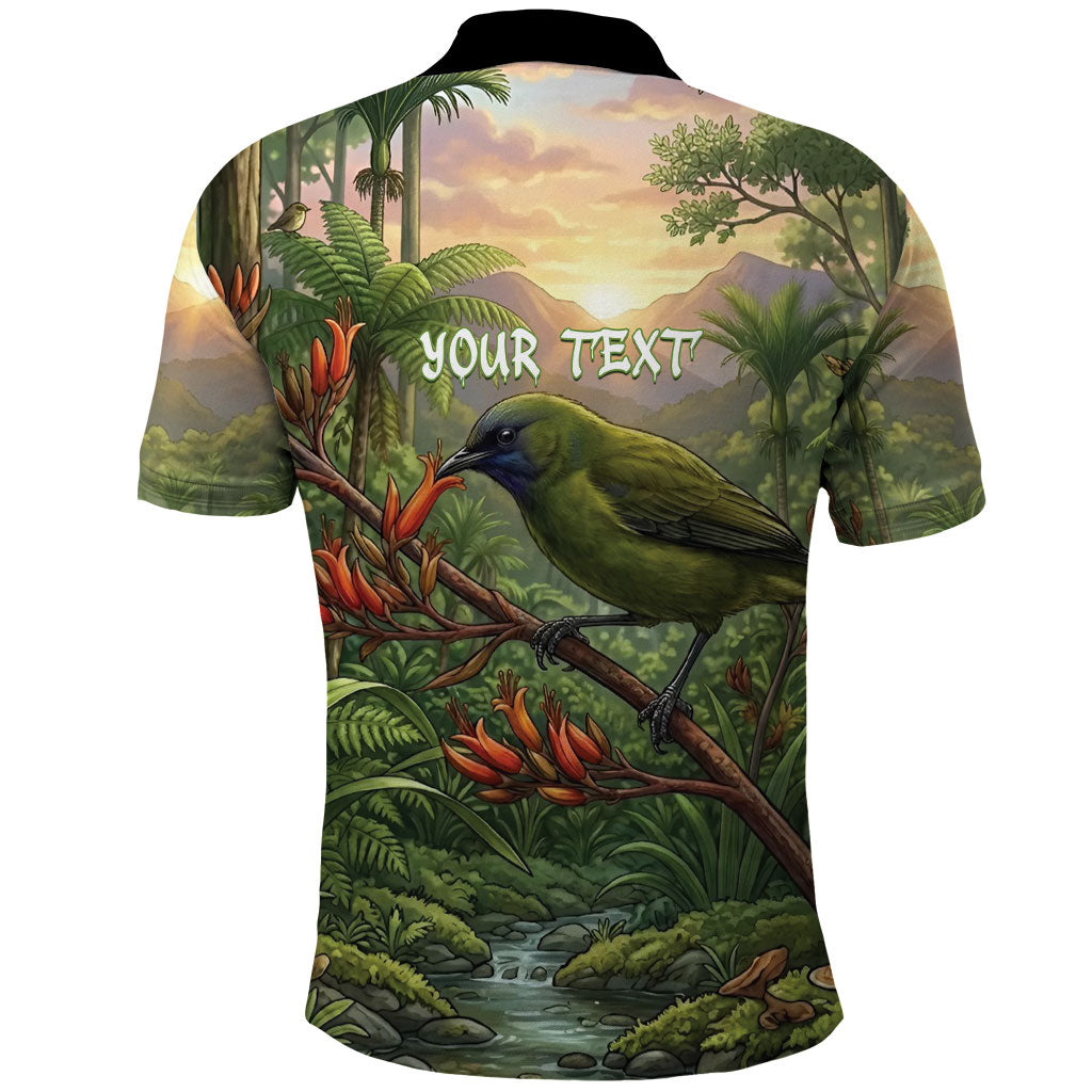Bellbird New Zealand Personalised Polo Shirt Korimako Harakeke Flower Native Forest LT22 - Polynesian Pride