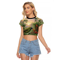 Bellbird New Zealand Personalised Raglan Cropped T Shirt Korimako Harakeke Flower Native Forest LT22 Female Green - Polynesian Pride