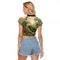 Bellbird New Zealand Personalised Raglan Cropped T Shirt Korimako Harakeke Flower Native Forest LT22 - Polynesian Pride
