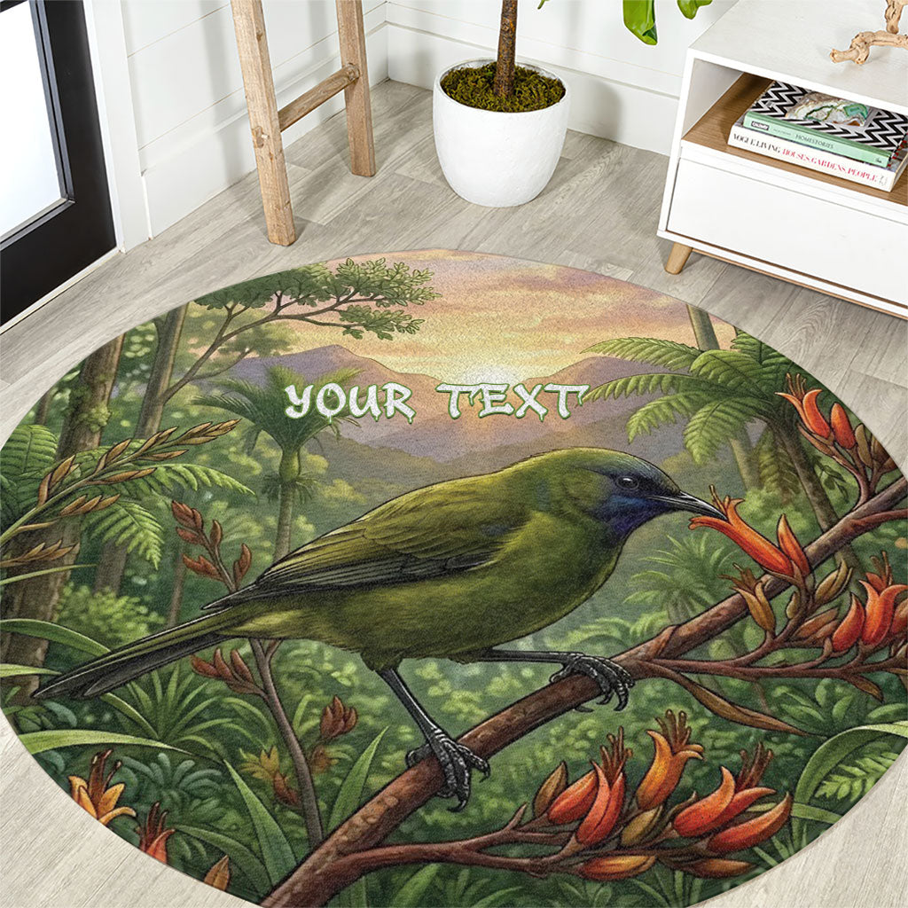 Bellbird New Zealand Personalised Round Carpet Korimako Harakeke Flower Native Forest LT22 Green - Polynesian Pride