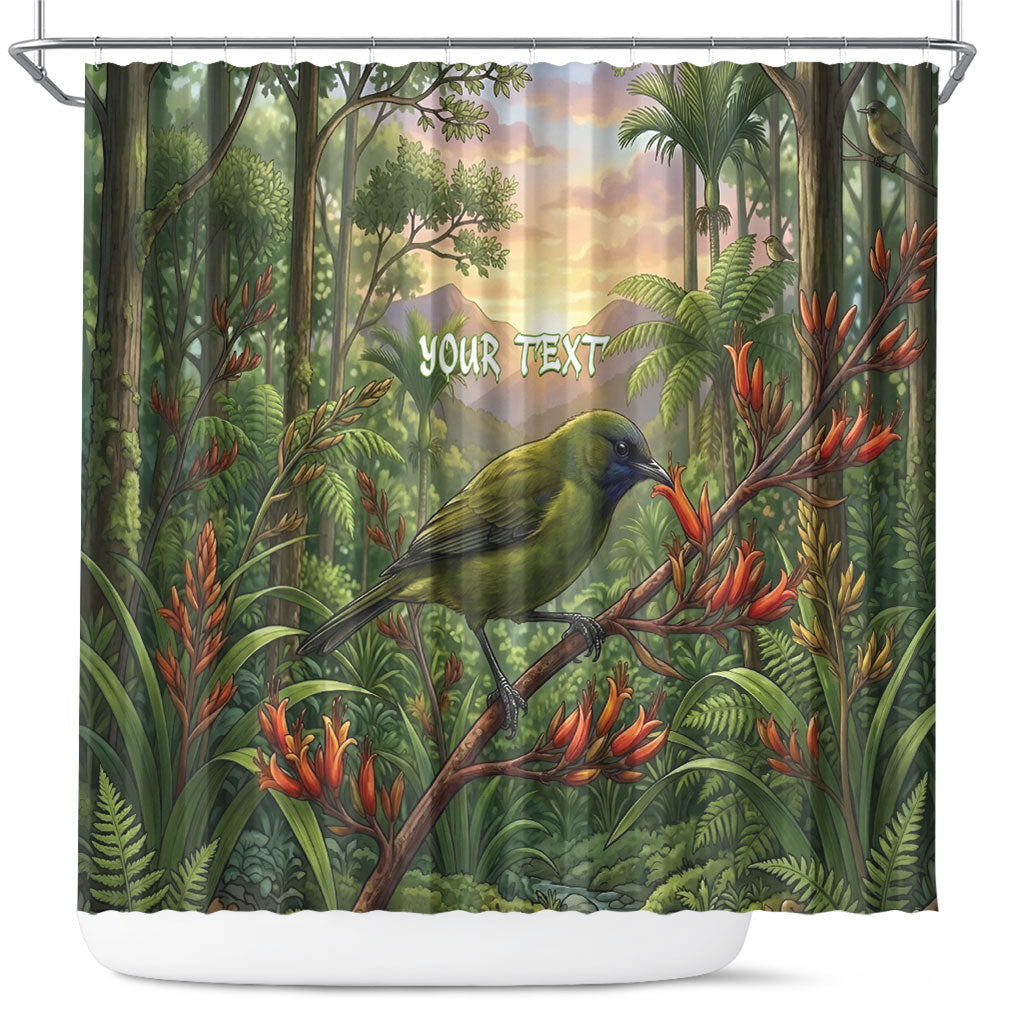 Bellbird New Zealand Personalised Shower Curtain Korimako Harakeke Flower Native Forest LT22 Green - Polynesian Pride