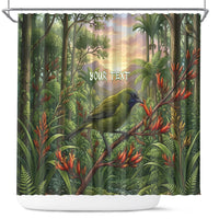 Bellbird New Zealand Personalised Shower Curtain Korimako Harakeke Flower Native Forest LT22 Green - Polynesian Pride