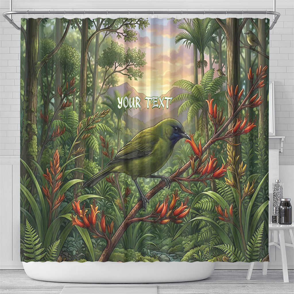 Bellbird New Zealand Personalised Shower Curtain Korimako Harakeke Flower Native Forest LT22 - Polynesian Pride