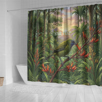 Bellbird New Zealand Personalised Shower Curtain Korimako Harakeke Flower Native Forest LT22 - Polynesian Pride