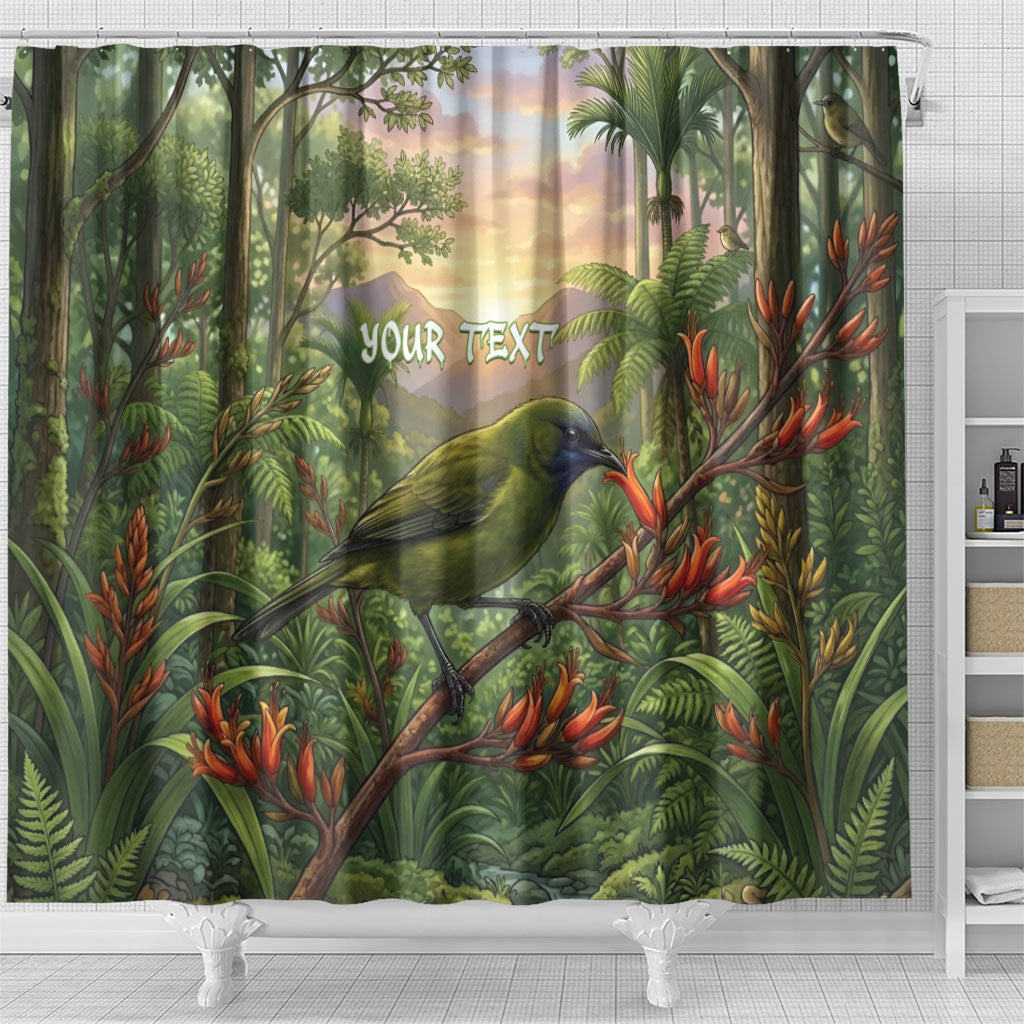Bellbird New Zealand Personalised Shower Curtain Korimako Harakeke Flower Native Forest LT22 - Polynesian Pride