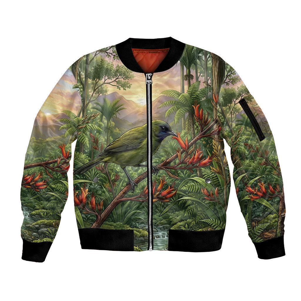Bellbird New Zealand Personalised Sleeve Zip Bomber Jacket Korimako Harakeke Flower Native Forest LT22 Unisex Green - Polynesian Pride