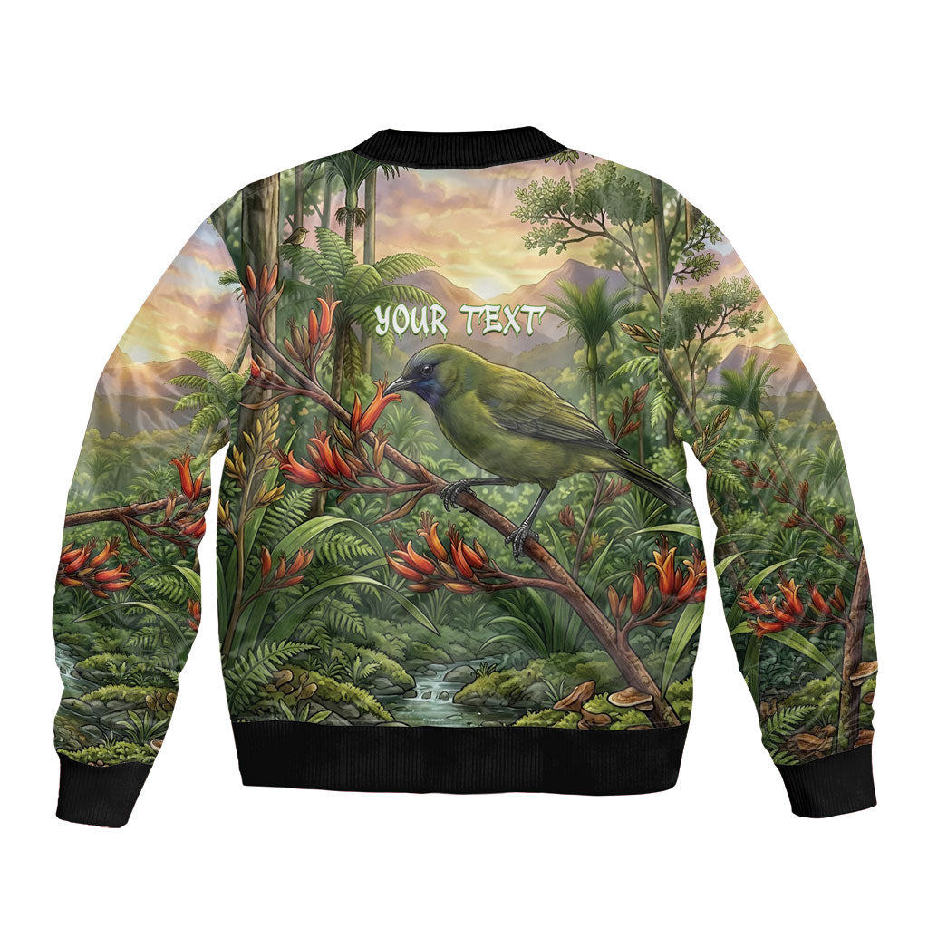 Bellbird New Zealand Personalised Sleeve Zip Bomber Jacket Korimako Harakeke Flower Native Forest LT22 - Polynesian Pride